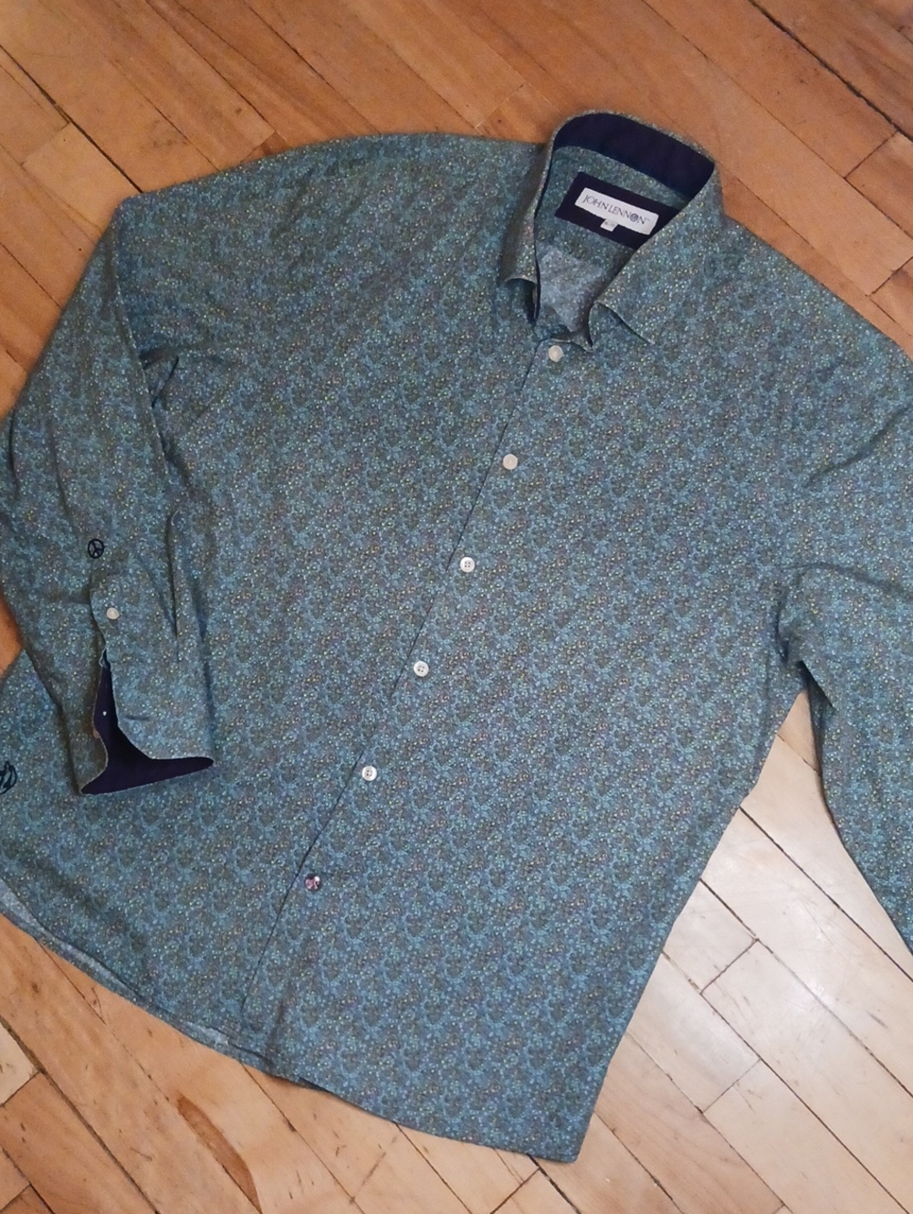 John Lennon English Laundry Shirt XL Green Paisley Peace Sign Embroidered Cotton